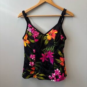 Miracle Suit Tankini Top Size 14 Black Tropical Floral Print